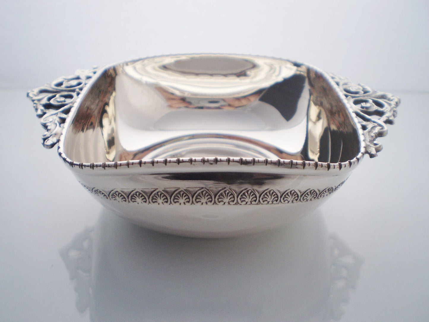 Sterling Silver bowl handcarved with vintage decorative handles and ancient greek carving, all handmade