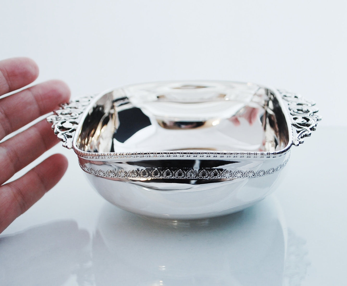 Sterling Silver bowl handcarved with vintage decorative handles and ancient greek carving, all handmade