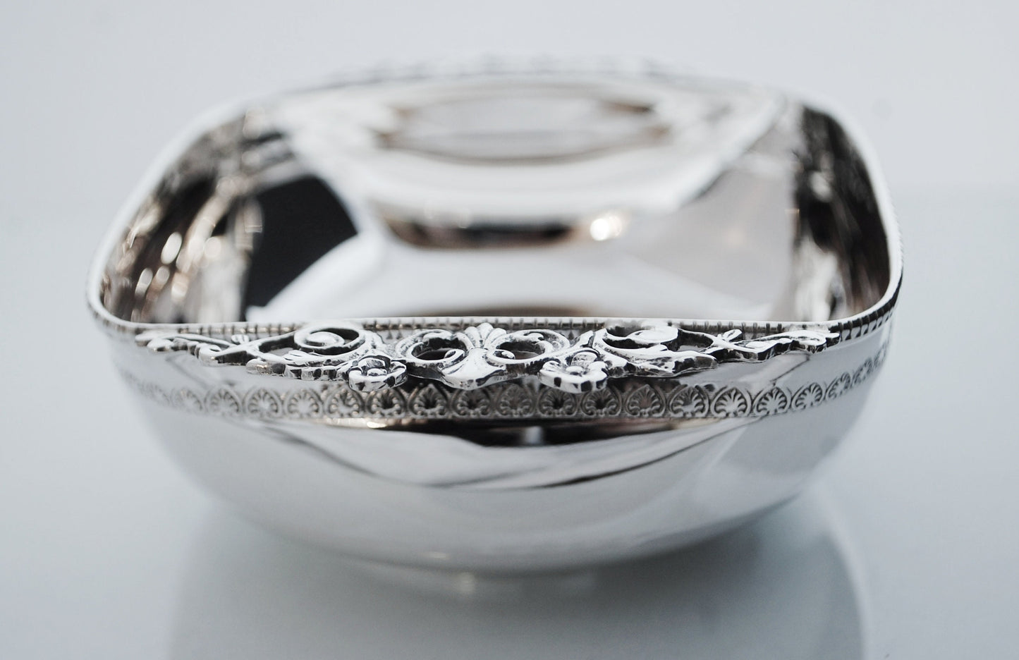Sterling Silver bowl handcarved with vintage decorative handles and ancient greek carving, all handmade