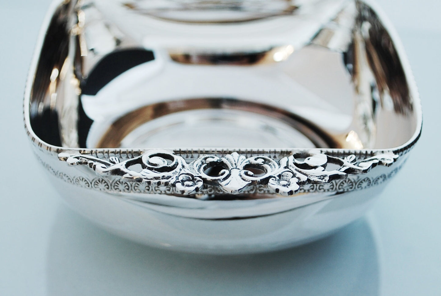 Sterling Silver bowl handcarved with vintage decorative handles and ancient greek carving, all handmade