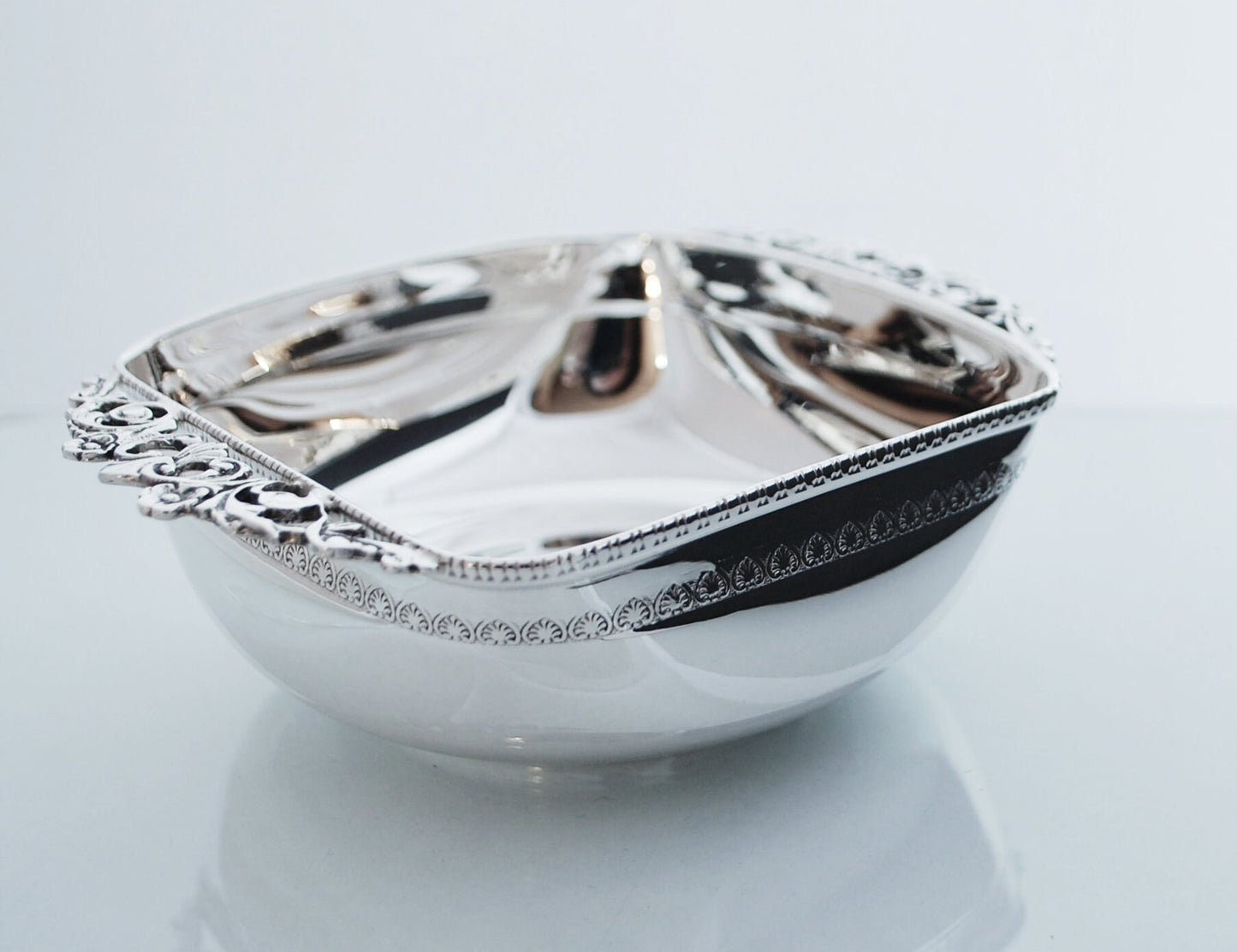 Sterling Silver bowl handcarved with vintage decorative handles and ancient greek carving, all handmade