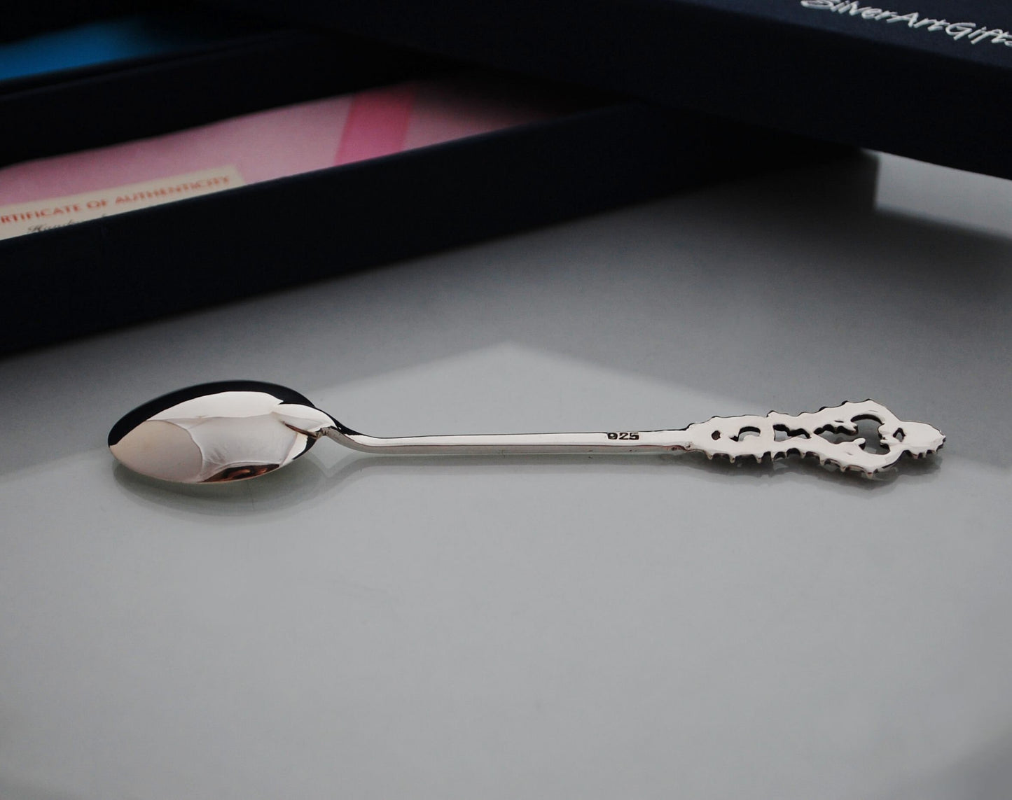 Sterling silver baby spoon, vintage style handle with ruby stone