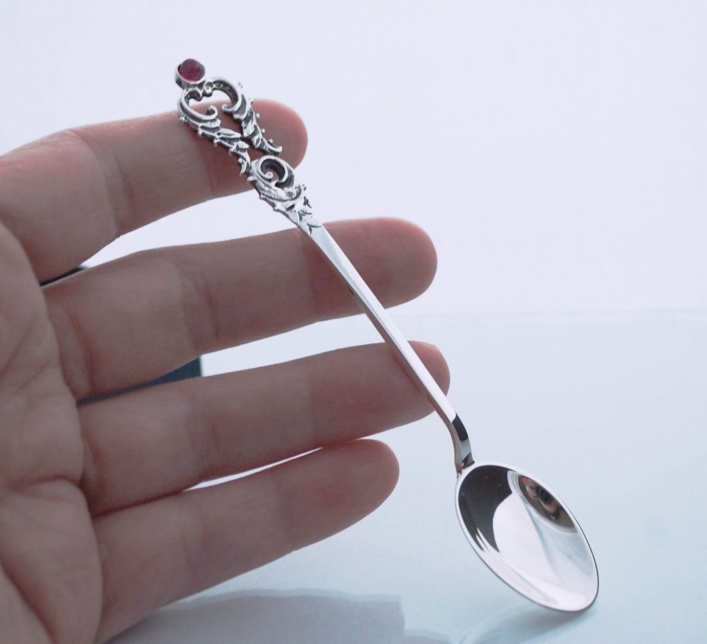 Sterling silver baby spoon, vintage style handle with ruby stone