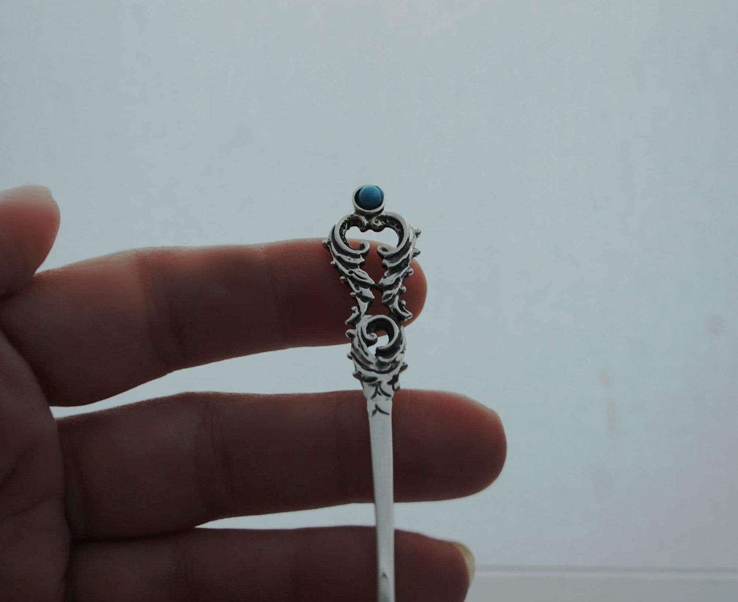 Sterling silver baby spoon, vintage style handle with turquoise stone