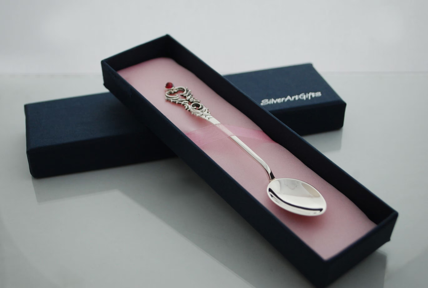 Sterling silver baby spoon, vintage style handle with ruby stone