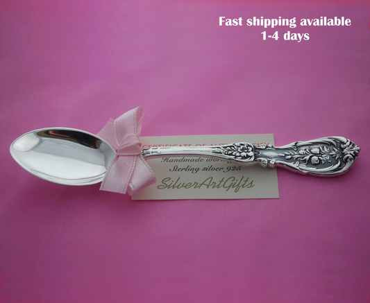 Sterling silver baby spoon .925 fruit theme curved on handle