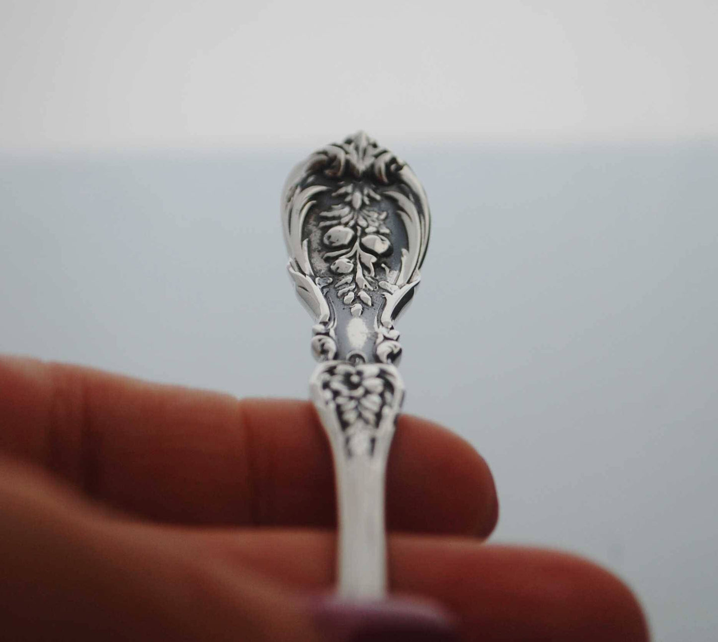 Sterling silver baby spoon .925 fruit theme curved on handle