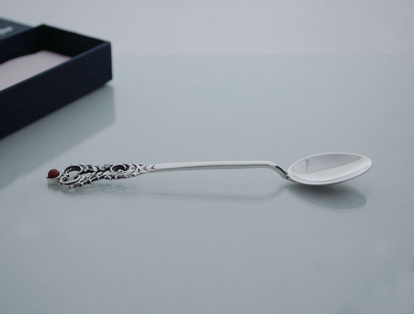 Sterling silver baby spoon, vintage style handle with ruby or turquise stone