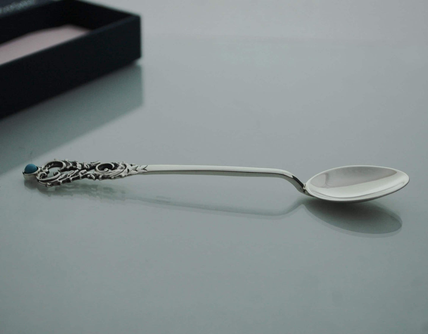 Sterling silver baby spoon, vintage style handle with ruby or turquise stone