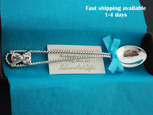 Sterling silver baby spoon .925 TEDDY BEAR twisted cord